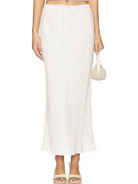 Flowy White Linen Maxi Skirt with Lining, Drawstring, Flared Long Skirt for